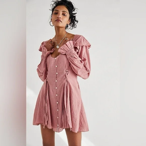 NEW Free People Dress | In the Mood for Frills Pink Mini Dress Size Large - Picture 1 of 7
